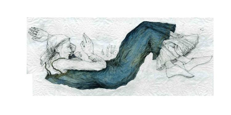 Rekonstruktion. Da Kvinden i Blåt blev opdaget i 1938 blev der ikke taget fotos. Men ud fra skriftlige beskrivelser har Nationalmuseet i Reykjavik rekonstrueret måden, den unge kvinde lå på i graven. Tegningen vises på en ny udstilling på museet i Reykjavik. Tegning: Snorri Freyr Hilmarsson