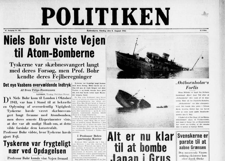 Dokumentation. Sådan så forsiden af Politiken ud d. 8 august - to dage efter bomben var kastet over Hiroshima. 