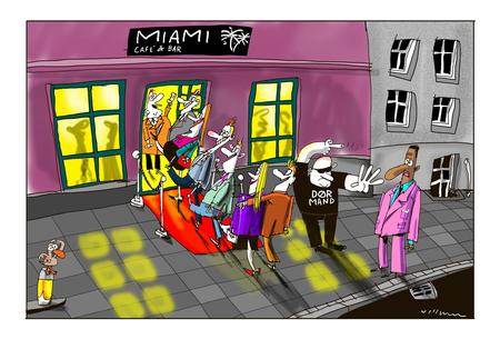 Farveforskel. Diskrimination på grund af hudfarve findes stadig i nattelivet, skriver debattør. Tegning: Jørn Villumsen 