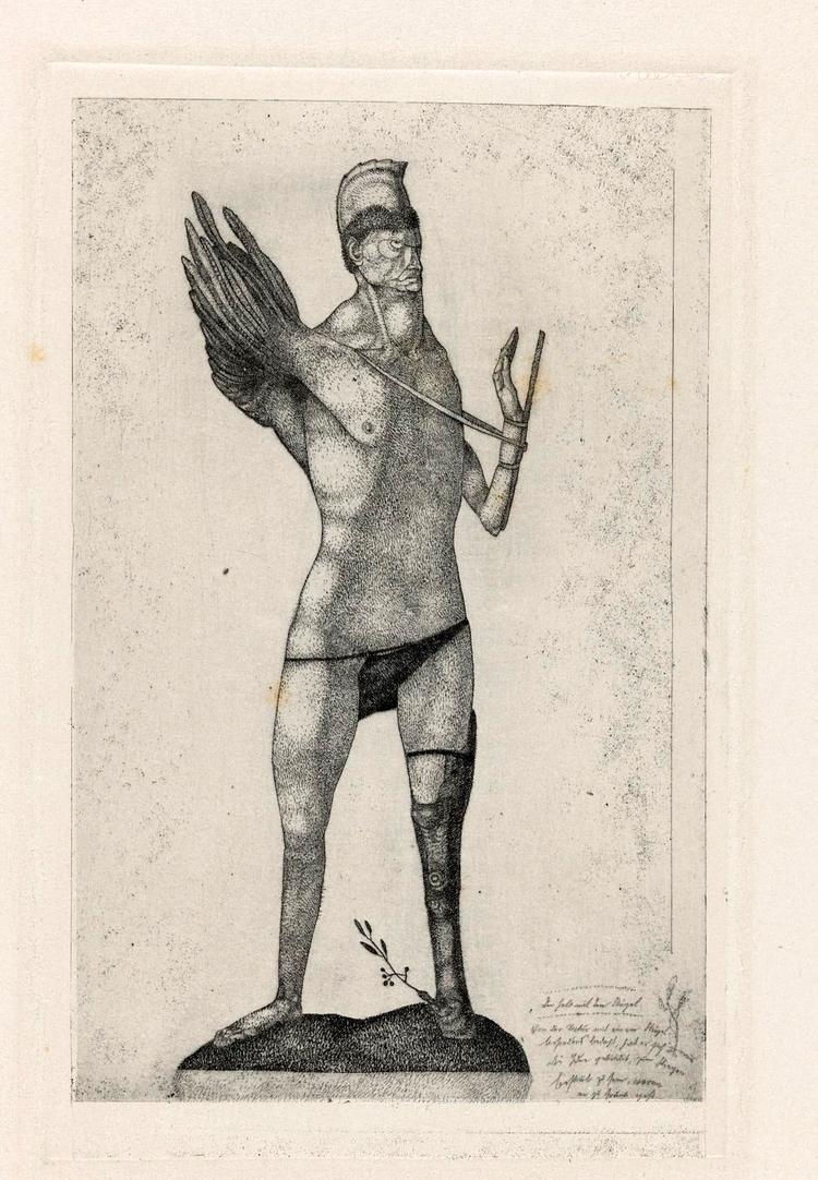 Satire. 'Winged Hero' rummer en latterliggørelse af idealer og magtpositioner, som sås flere steder i kunsten efter Første Verdenskrig. Men gravuren er fra 1905, hvor man kun fandt det i satrire tegningen. Foto: Centre Pompidou. 