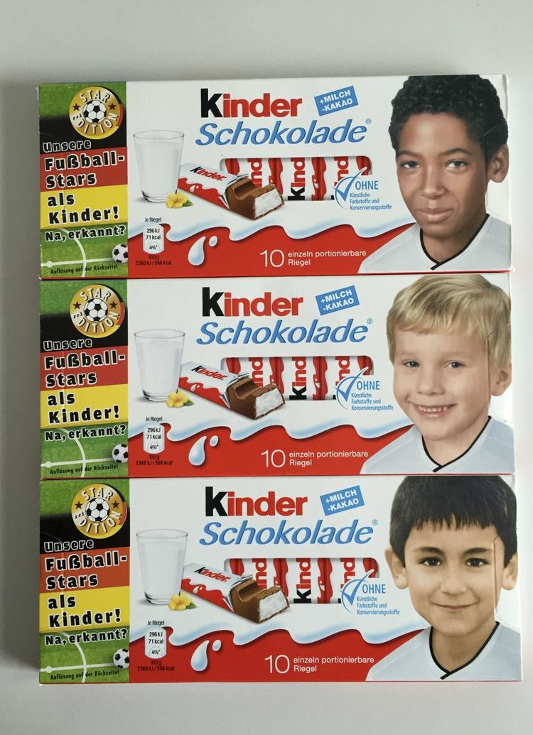 barnestjerne. Det har vakt kritik fra medlemmer af den antiislamistiske bevægelse Pegida, at Kinder-chokolade er begyndt at pakke deres fristelser ind i papir påtrykt fotos af små sorte og brune drenge. Heriblandt Jérôme Boateng. 
