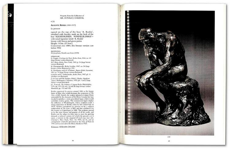 FALSK. I 1996 blev denne Rodin- skulptur, ’Grubleren’, solgt for 265.000 dollars hos auktionshuset Christie’s i New York. Her er det katalogteksten fra dengang, hvor der står, at den er signeret af Rodin og støbt engang før 1952 i Alexis Rudier Foundeur i Paris, der var Rodins oprindelige støberi. I virkeligheden stammer den, ifølge Comité Rodin, fra en forfalsker kaldet hertugen af Bourgogne – og er formentlig produceret i 1970’erne eller 1980’erne. Illustration: Christie’s 