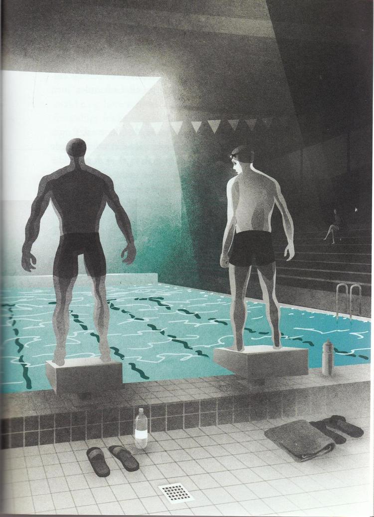 Klar. I novellen 'Liga' er vi en tur i svømmehallen. Mads Themberg står for den isnende illustration. Illustration: Fra bogen. 