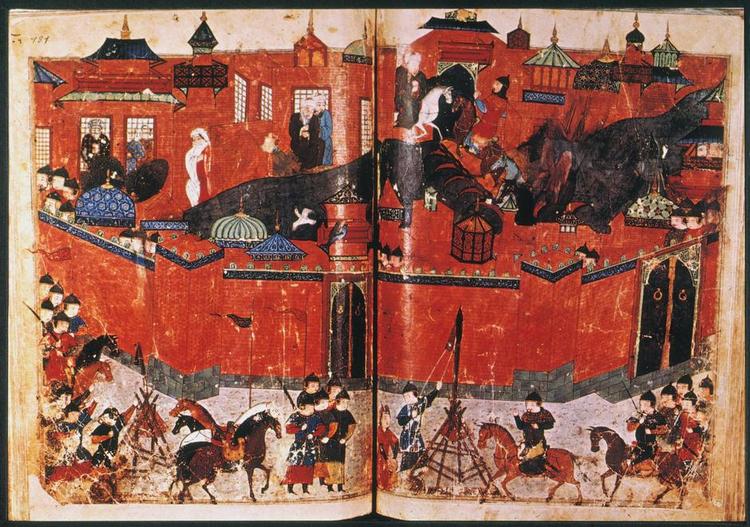 nederlag. I 1258 gjorde mongolerne en ende på det abbasidiske kalifat. Bagdad blev belejret, som det ses på denne persiske illumination fra det 14. århundrede. Byen faldt, blev røvet og siden brændt. Forud var gået 600 år med skiftende muslimske magthaveres udlægning af den rette islam og indretning af en islamisk stat. Arkivfoto: The Granger Collection 