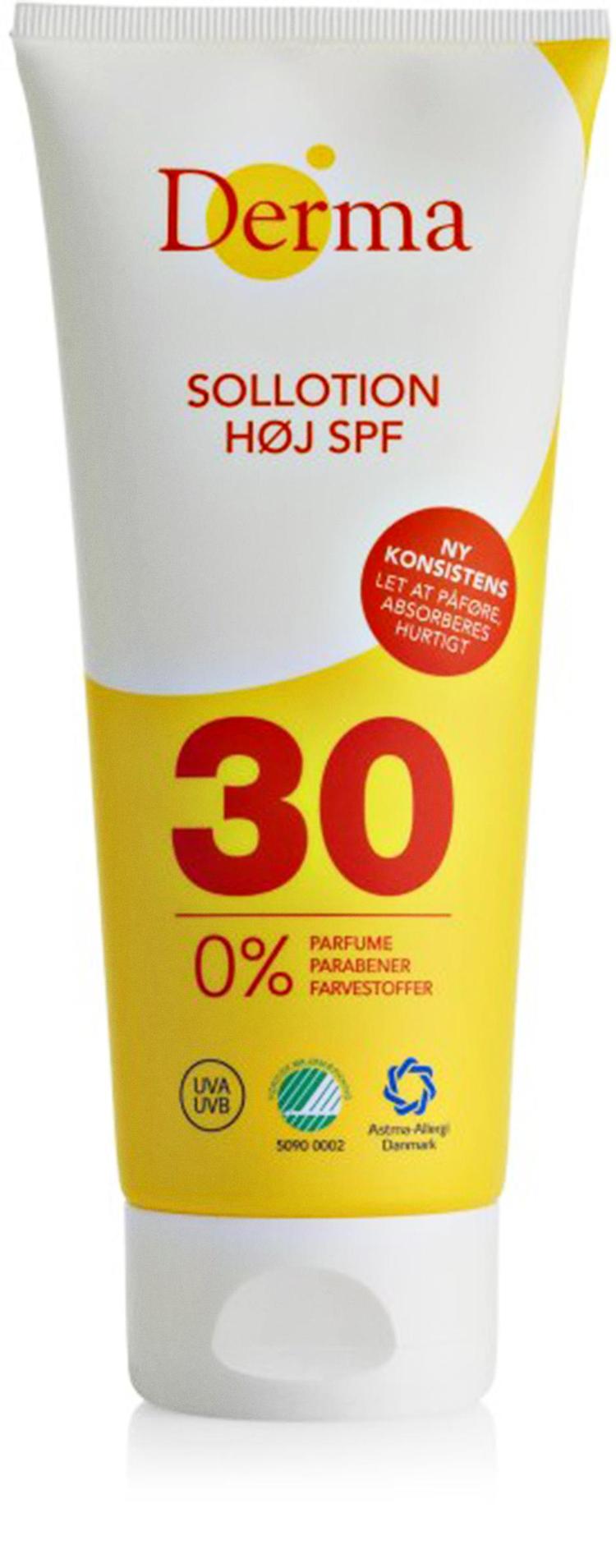 BESKYTTELSE. Derma Sollotion SPF30 give god beskyttelse mod solskoldning. Foto: Derma 