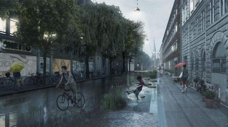 Skybrud. Ved skybrud og store vandmængder vil vandet flyde frit igennem Korsgade i nyt løsningsforslag. Illustration: SLA 