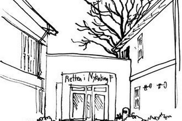 Retten i Nykøbing F. Tegning: Anne-Marie Steen Petersen 