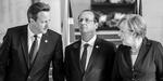 Chok. Efter de britiske vælgeres beslutning om at forlade EU, kommer det til at handle om at undgå kaos for Tysklands forbundskansler, Angela Merkel, og Frankrigs præsident, Francois Hollande. Her ses de sammen med premierminister David Cameron ved en mindehøjtidelighed forrige sommer. 