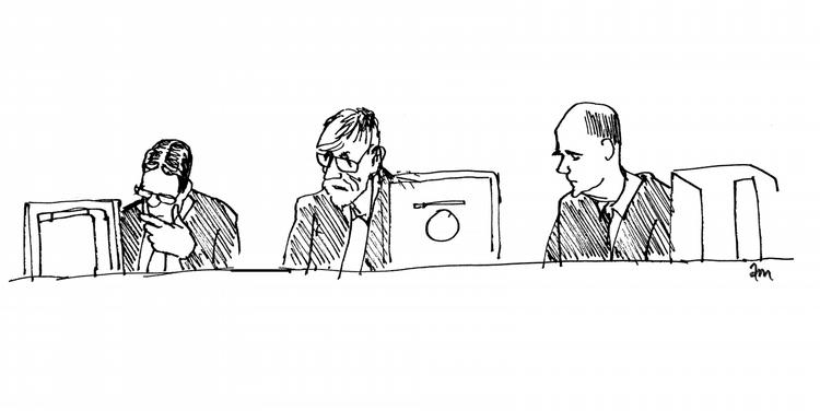 Enighed. De tre dommere (med retsformand Henrik Linde i midten) og de seks nævninge var enige, da de skulle afgøre sagen om drab og drabsforsøg på Nykøbing Falster Sygehus. 