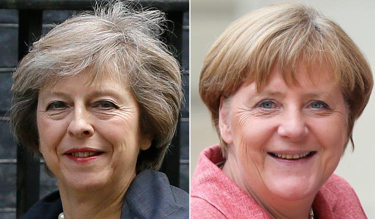 Mayrkel. Theresa May (t.v.) kan umiddelbart vente nul imødekommenhed fra EU's mest magtfulde regeringsleder, Tysklands Angela Merkel, når det kommer til ønsket om at få fuld adgang til det indre marked uden at deltage i den fri bevægelighed for personer. 