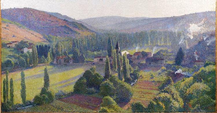 små strøg. Sådan var Henri Martins udsigt en tidlig morgen. Og sådan malede han Labastide-du-Vert, som en sum af tusind små strøg, der kan ligne den stoflige struktur i en gobelin. Foto: Musée de Cahors Henri-Martin 