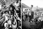 Kennedy. En masse hænder rækker ud af efter Kennedy i Los Angeles i september 1960. Og til højre holder Kennedy tale i landlige Logan County i april 1960. 