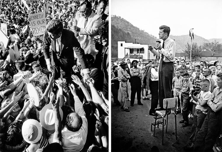 Kennedy. En masse hænder rækker ud af efter Kennedy i Los Angeles i september 1960. Og til højre holder Kennedy tale i landlige Logan County i april 1960. 