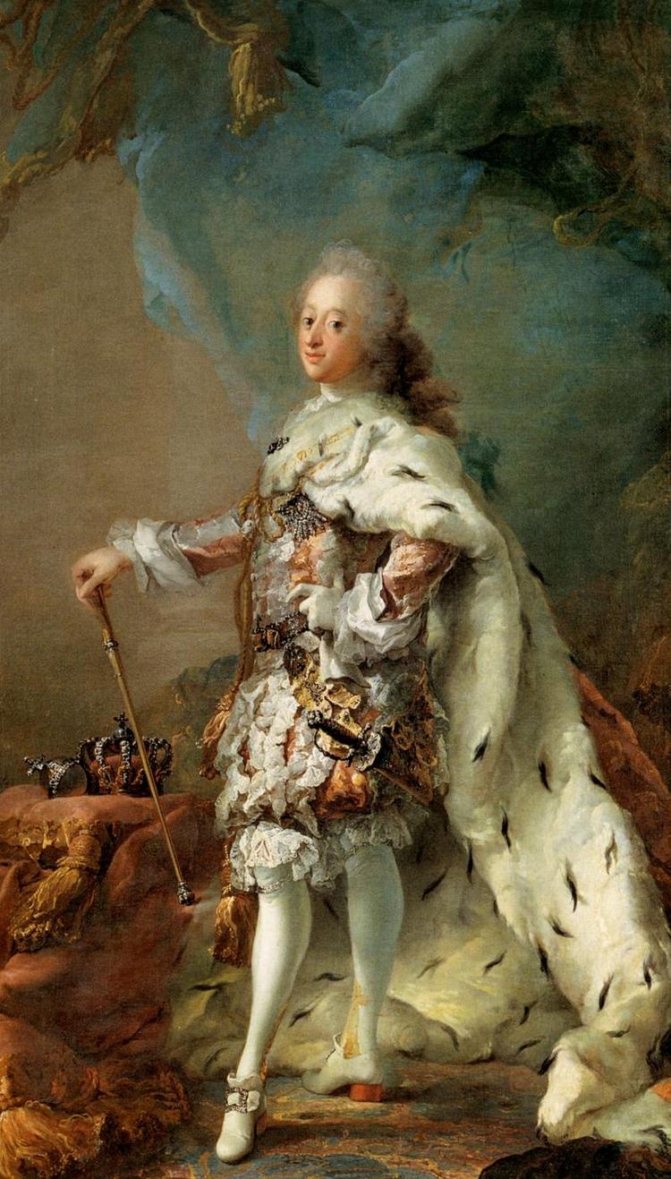 Hofmaler. 300 rigsdaler om året fik Carl Gustaf Pilo for at være hofmaler ved Frederik V's hof. Med til jobbet hørte naturligvis at afbilde den 'Allernaadigste Konge', som Pilo kaldte Frederik, der her ses i sin salvingsdragt. Maleriet er fra Statens Museum for Kunst. 