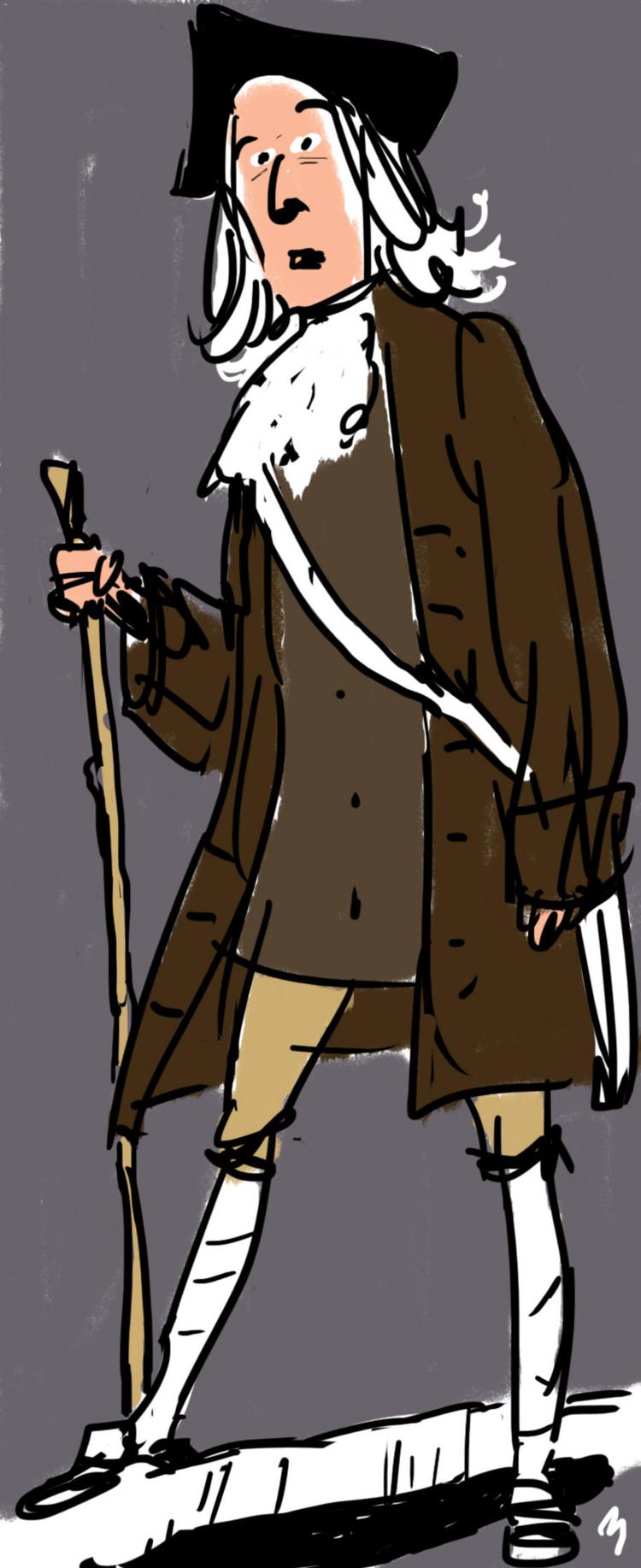 Klokker. Nils Klim, den norske klokker, der faldt gennem et hul i en hule og kom på en mageløs underjordisk rejse. Tegning: Mette Dreyer 