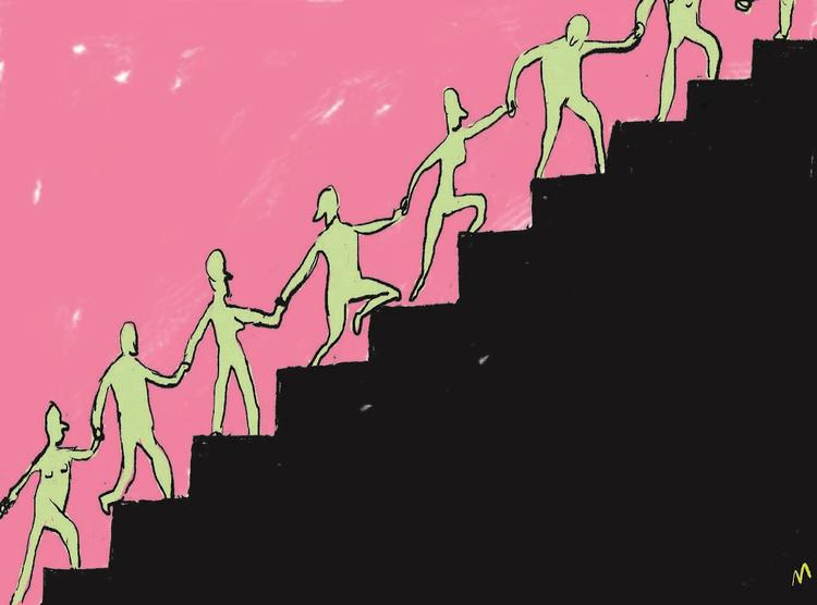 Opstigning. Måske det var på tide, at hele samfundet satte behovet for social opstigning i bero eller fandt andre veje at gå. Tegning: Mette Dreyer 