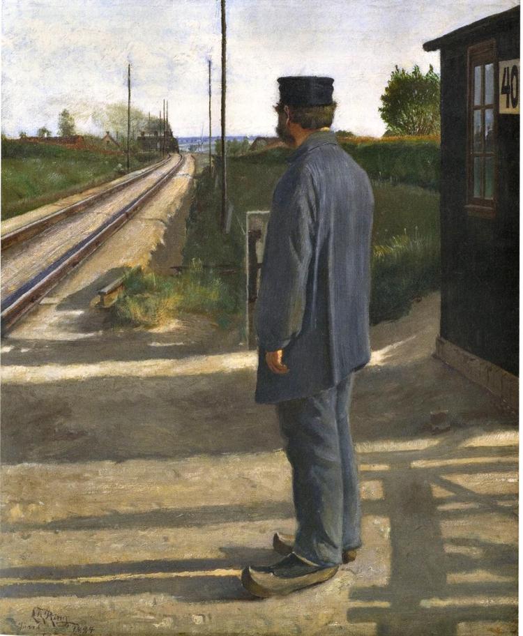 Nærmiljø. 'Banevogteren' fra 1884 foregår tæt ved malerens barndomshjem i Ring. Banevogterens hus til højre i billedet har været næsten identisk med det i Sværdborg syd for Ring (klik for at se hele billedet). 