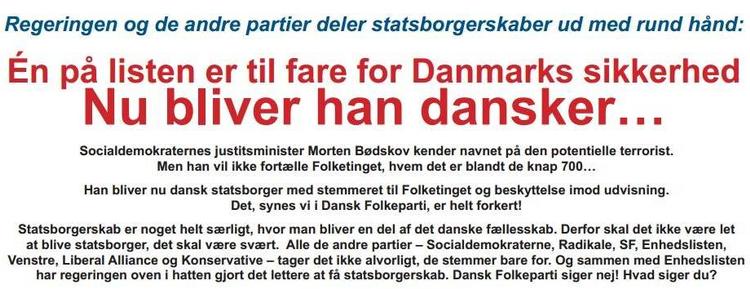 Markedsføring. Sådan ser toppen af DF's annonce ud - nedenfor står 700 navne, hvoraf én angiveligt er blevet overvåget af PET. 