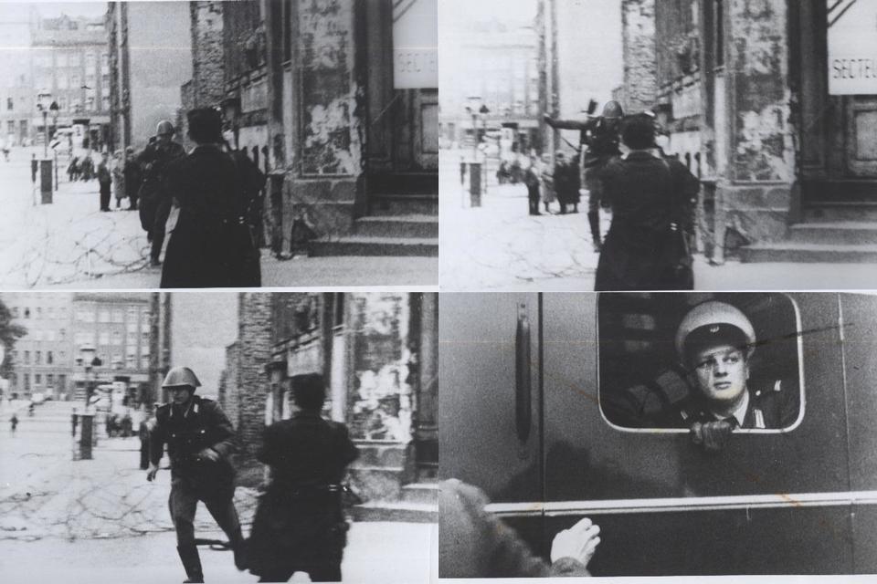 Fire billeder af samme situation i 1961 fotograferet af en anden i menneskemængden på den vestlige side. 