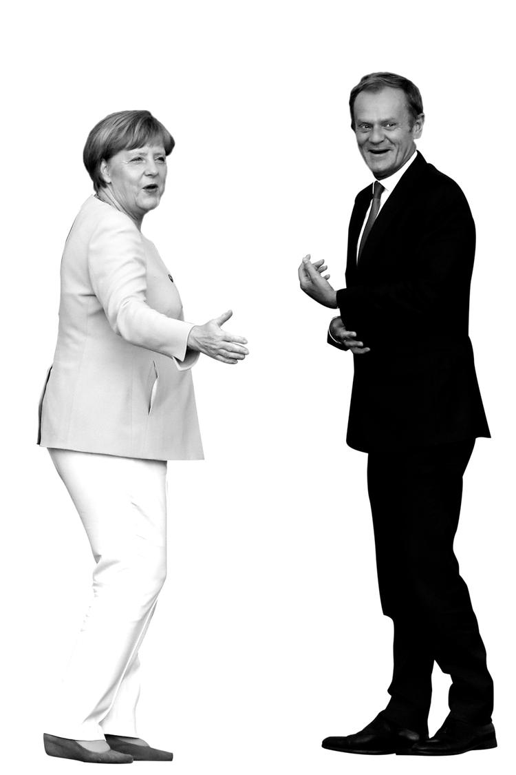 Fremtid. EU-præsident Donald Tusk (t.h.) og Tysklands forbundskansler, Angela Merkel, bliver to af de centrale ledere, når Europas regeringer skal finde vejen frem efter Storbritanniens nej til unionen. 