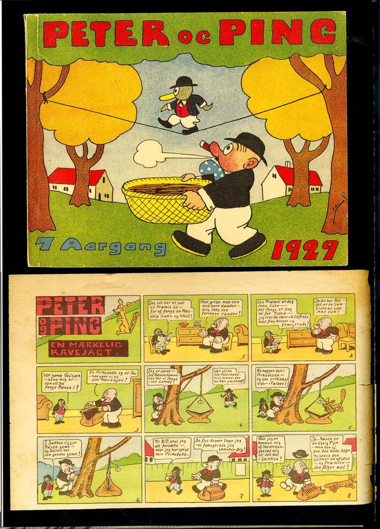 Nationalklenodie. Storm P. er selvfølgelig at finde i 'Eventyret om de danske tegneserier' og fremhæves for at ramme plet, »når han fabulerer vanvittige ideer med sine figurer 'De tre små mænd' og ikke mindst 'Peter og Ping'. Illustration fra bogen 