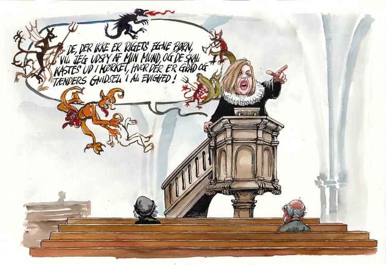 PARALLELSAMFUND. Regeringen vil have alle præster, imamer og forkyndere uden for folkekirken på skolebænken, før de kan vie ægtepar. Tegning (arkiv): Roald Als 