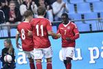 Slutrundeklar. Anfører Lasse Vigen (tv), Casper Nielsen og Pione Sisto i jubel over den første scoring i Aalborg. 