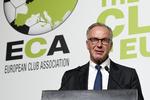 MAGT. Karl-Heinz Rummenigge, der er formand for de største klubbers forening (ECA), ser tilfreds ud på tirsddagens møde i Genève, og der er da også endnu flere penge på vej til de rigeste fodboldforretninger i Europa. 
