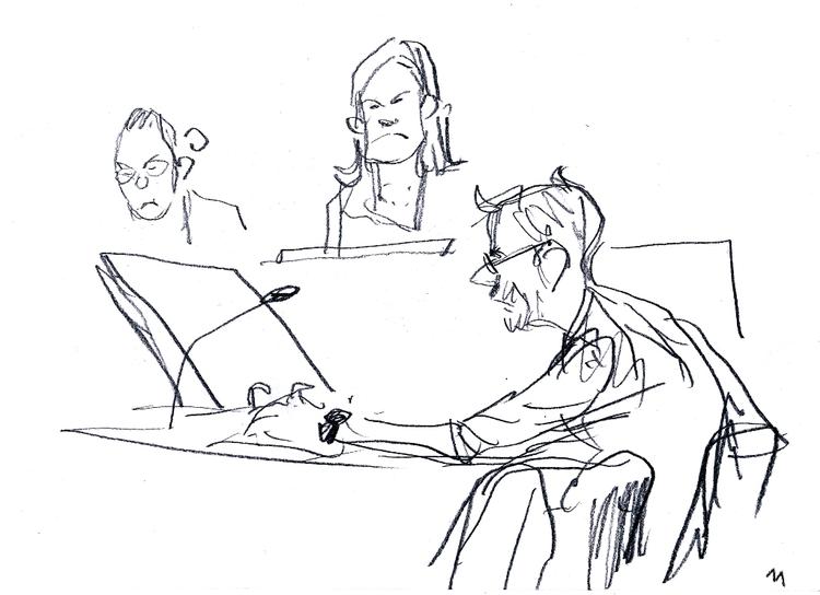 Fængsel. Anklager Lars Petersen mener ikke, at Yahya Hassan skal idømmes under tre års fængsel - ubetinget.. Nu skal forsvareren procedere. Tegning Mette Dreyer 