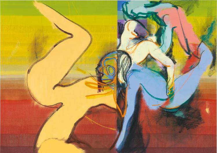 Figuration. Før Daniel Richter fyldte farverige figurer og rum i sine malerier, arbejdede han abstrakt. På et af udstillingens nyeste billeder, ’Bill’ fra 2015, er den tyske maler så småt på vej tilbage til abstraktionen. Kun et par genkendelige ben stikker stadig ud. 