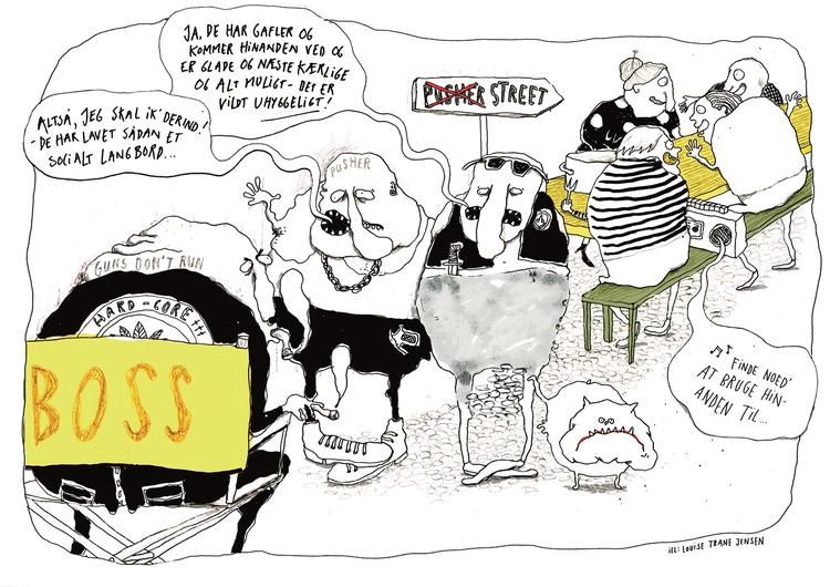 SAMTALEBORD. Ét langt bord gennem Pusher Street kan hjælpe folk med at lære nye mennesker at kende, mener vinderen af Politikens konkurrence. Tegning: Louise Thrane Jensen 