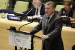 Tale. Lars Løkke Rasmussen taler ved FN-samling om flygtninge og migranter tirsdag. 