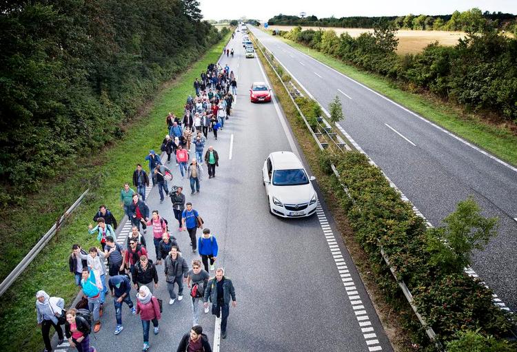 Kaos. De mange flygtninge, som kom til Danmark for et år siden, fik flere danskere til at give en hjælpende hånd blandt andet i form af kørelejlighed. Men det er ulovligt. Her er det flygtninge på motorvejen på vej fra Rødby mod København. 