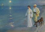 Afskaller. P.S. Krøyer malede 'Sommeraften ved Skagens strand. Kunstneren og hans hustru', der i dag hænger på Den Hirschsprungske Samling, i 1899. Da var han gået over til at bruge maling med zinkhvidt, når han ville gengive det særlige skagenslys, og det kan være grunden til at malingen er ved at slippe lærredet. 