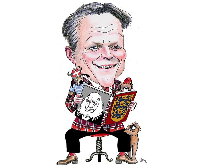 Danmarkskrønike. Sigurd Barretts fortælling om Danmark strækker sig over to bind, og dækker alt fra istid til murens fald. Tegning: Anne-Marie Steen Petersen 