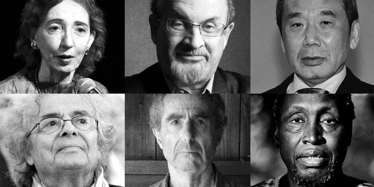 favoritterne: Øverst til venstre og uret rundt: Joyce Carol Oates, Salman Rushdie, Haruki Murakam, Ngugi wa Thiong’o, Philip Roth og Adonis. 