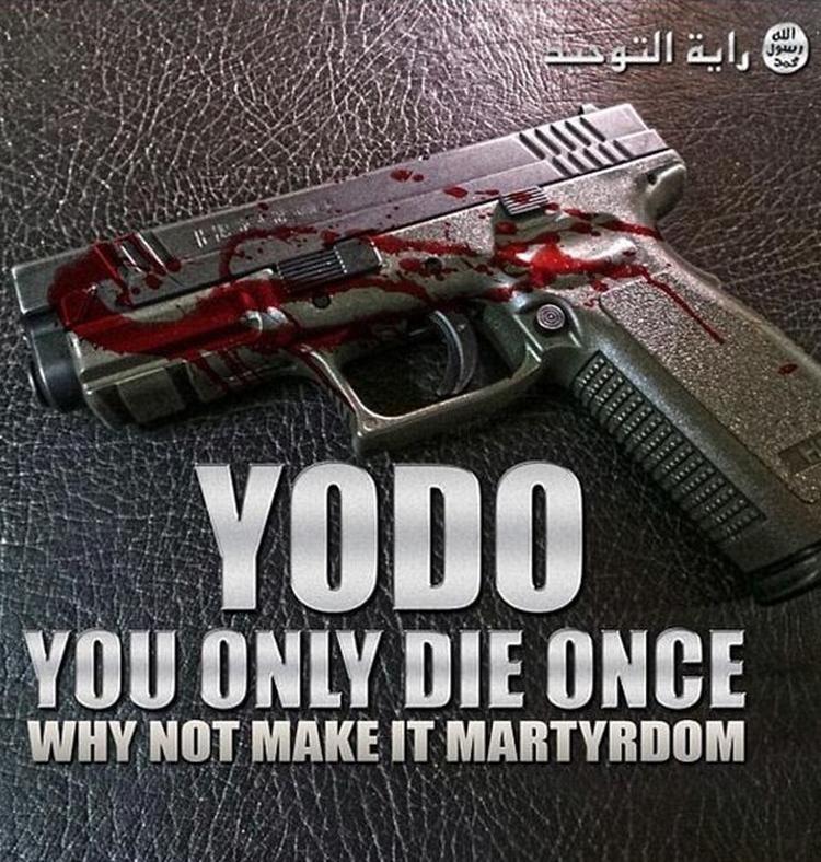 LOKKEMAD. Sådan her en af Islamisk Stats propaganda-billeder ud. Målet er at rekruttere voldsparate unge, ofte tidligere kriminelle. Budskabet er en omformulering af det klassiske ordspil 'YOLO - You Only Live Once'. Foto: Islamisk Stats propaganda 