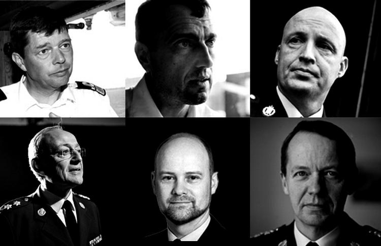 Vagtparaden. Favoritfeltet til posten som forsvarschef er her præsenteret i vilkårlig rækkefølge. Øverst fra ventre: kontreadmiral Nils Wang, kontreadmiral Frank Trojahn, generalmajor H.C. Mathiesen. Nederst fra venstre: generalmajor Per Ludvigsen, generalmajor Max A.L.T. Nielsen og generalløjtnant Bjørn Bisserup. 