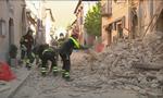 ramt. Billede taget fra en video fra den lille by Norcia, hvor flere bygninger er blevet beskadiget efter jordskælvet. 