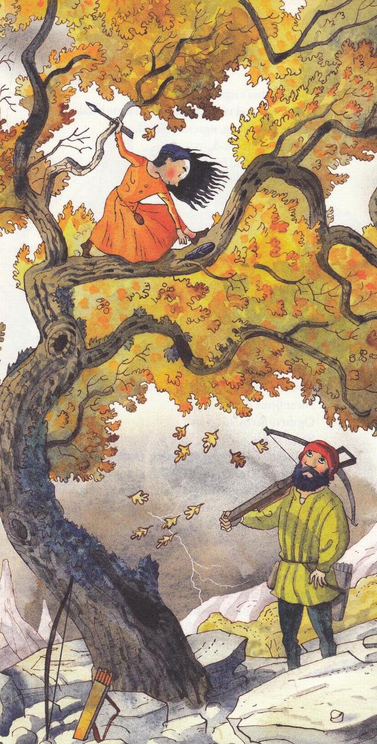 NATURBARN. Pigen Skærv færdes frit i naturen i et eventyrunivers, som Peter Bay Alexandersen tilfører magi og troskyldighed. Illustration fra bogen 