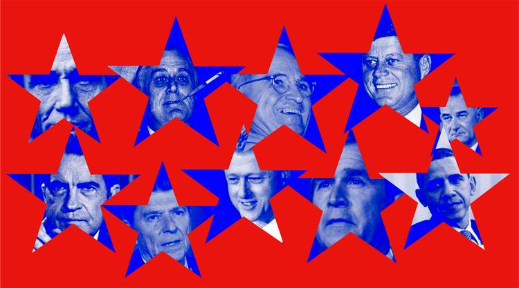 Præsidenter. Bogen gennemgår ti amerikanske præsidenter – øverst fra venstre Abraham Lincoln, Franklin D. Roosevelt, Harry S. Truman, John F. Kennedy, Lyndon B. Johnson, Richard M. Nixon, Ronald Reagan, Bill Clinton, George W. Bush og Barack Obama. Foto: AP 