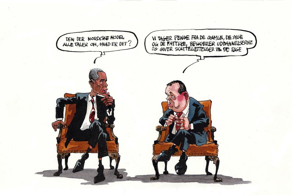 Inspiration. Lars Løkke Rasmussen besøgte blandt andet Obama i maj 2016, hvor Løkke af Washington Post blev kaldt en 'humørspreder'. Tegning: Roald Als 
