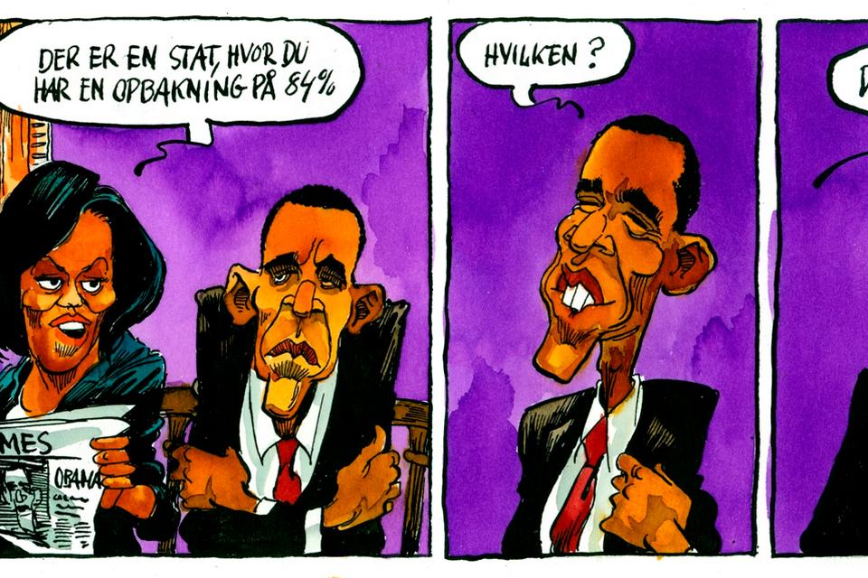 Distancekærlighed. Blandt danskerne har forholdet til den afgående præsident i målinger altid vist sig at være positivt. Men han har jo heller ikke skullet lukke daginstitutioner her til lands. Tegning: Roald Als 