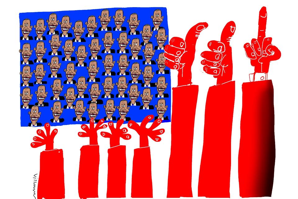 Obamaland. Den snart forhenværende præsidents sejr over John McCain var (i valgmandsstemmer) 365 - 173. Et klart folkeligt mandat. Tegning: Jørn Villumsen 