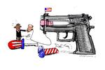 Våbenlov. Flere voldsomme masseskyderier har fundet sted, mens Barack Obama har været ansvarlig for amerikanernes sikkerhed. Trods massivt folkeligt og internationalt pres har den amerikanske våbenlobby imidlertid haft succes med at sikre, at amerikanernes ret til at bære våben er uindskrænket. Tegning: Jørn Villumsen 