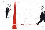 Overtrådt. Barack Obama talte om en 'rød linje' i Syrien; en linje, som ikke kunne overtrådes uden konsekvenser. Kommentatorer mente, at den amerikanske linje trods flere overtrædelser var unødigt passiv i forhold til borgerkrigen i Syrien. Tegning: Philip Ytournel 