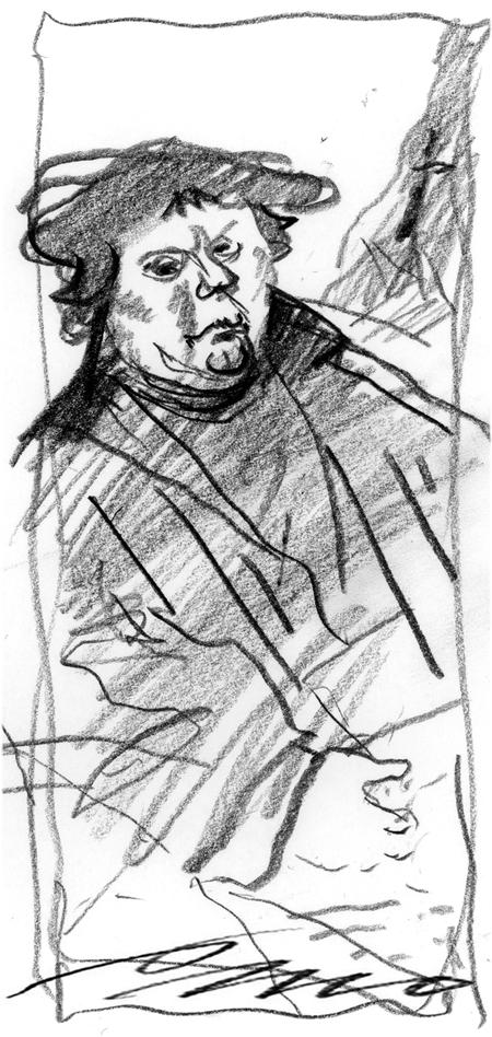 Reform. Manden bag reformationen, Martin Luther, fejres, fordi det i 2017 er 500 år, siden hans protest satte ind. (Tegning: Per Marquard Otzen) 