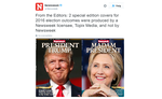 Fejltryk. Inden valget viste Newsweek stolt deres to potentielle forsider frem på Twitter. De endte dog med kun at trykke en. Den forkerte. 