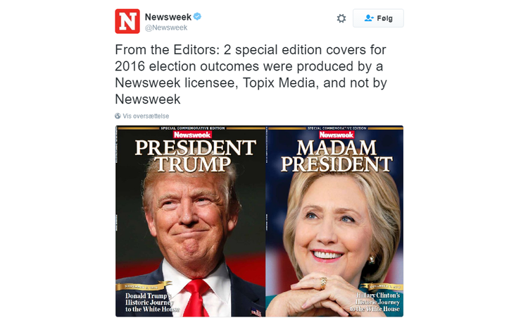 Fejltryk. Inden valget viste Newsweek stolt deres to potentielle forsider frem på Twitter. De endte dog med kun at trykke en. Den forkerte. 