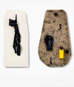 THOMAS BANG. 'Closing All Openings (Ceausescu - Yelloww)'. 2016, læder ovnsvørte, krydsfiner, acryl, metal, 152,5 x 181 x 29,7 cm. 